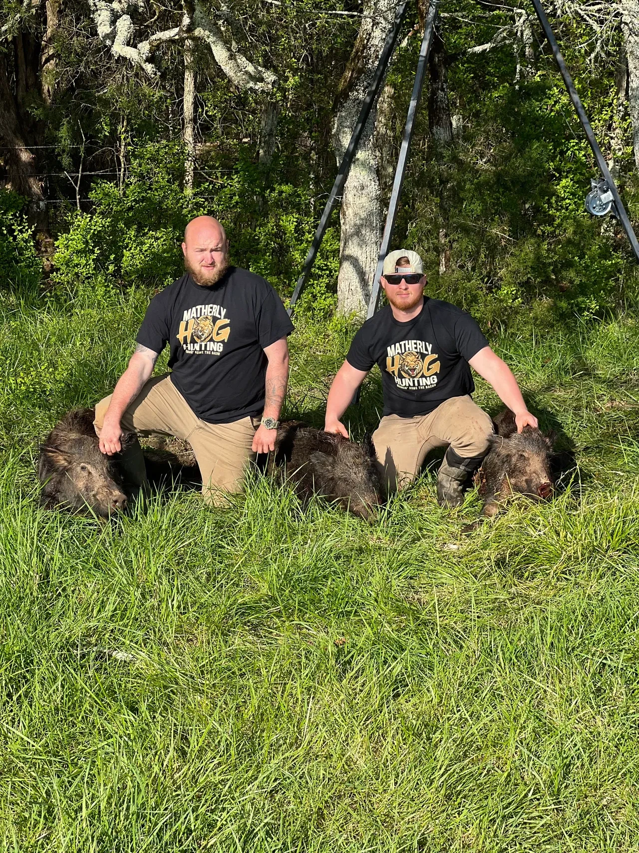 Hunters with harvested wild hogs on private property